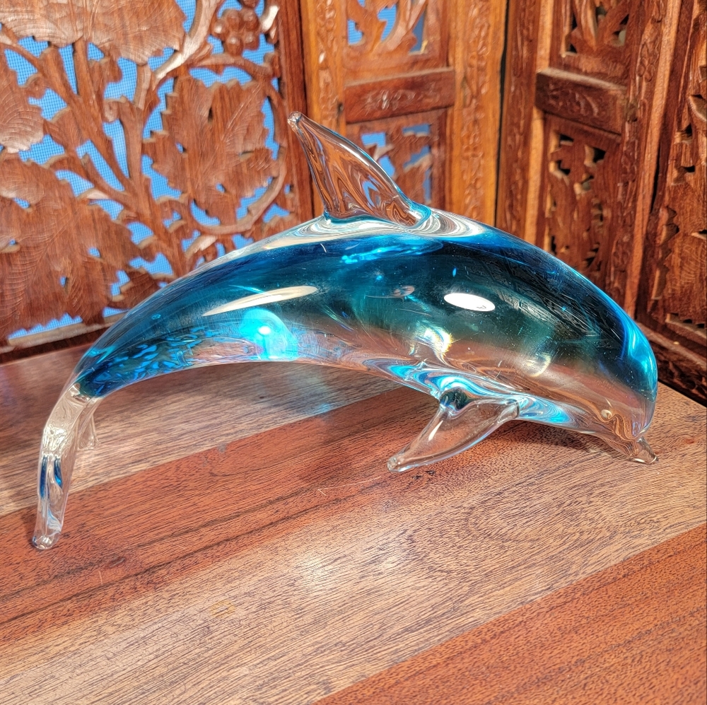 Large Heavy Hand-blown Glass Dophin Sculpture / Paperweight